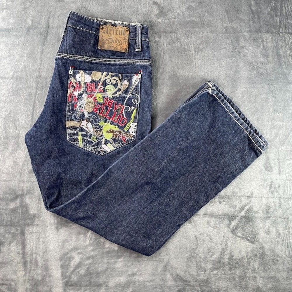 Artful Dodger Jeans 36x32 Embroidered Cutter Lads Skulls Vintage Y2K Streetwear